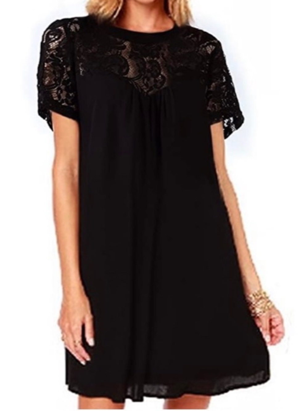 Vanberfia Dress Large Black Chiffon Lace Yoke Loose Casual Mini Short-Sleeved
